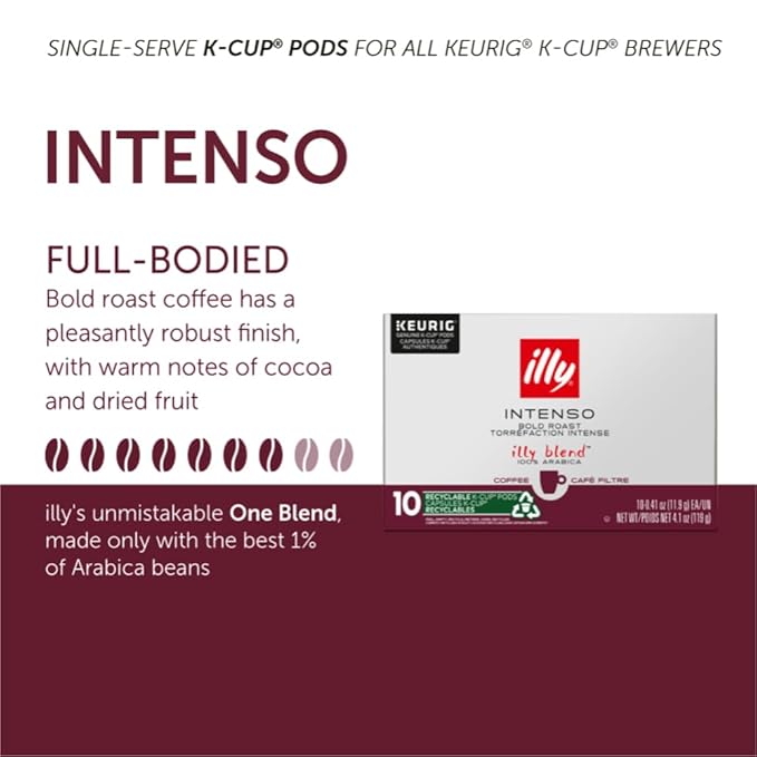 Illy Coffee K Cups - Coffee Pods For Keurig Coffee Maker – Intenso Dark Roast – Notes of Cocoa & Dried Fruit - Bold, Flavorful & Full-Bodied Flavor of Pods Coffee - No Preservatives – 10 Count, 6 Pack