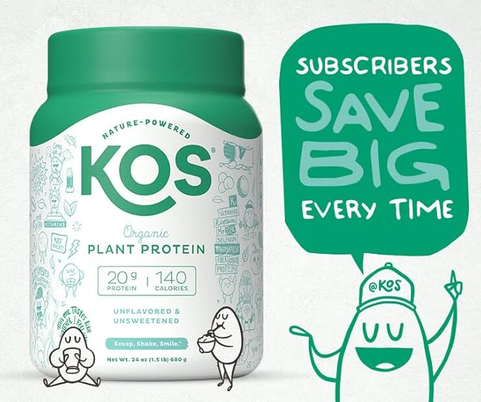 KOS Vegan Protein Powder, Unflavored & Unsweetened 20 Servings