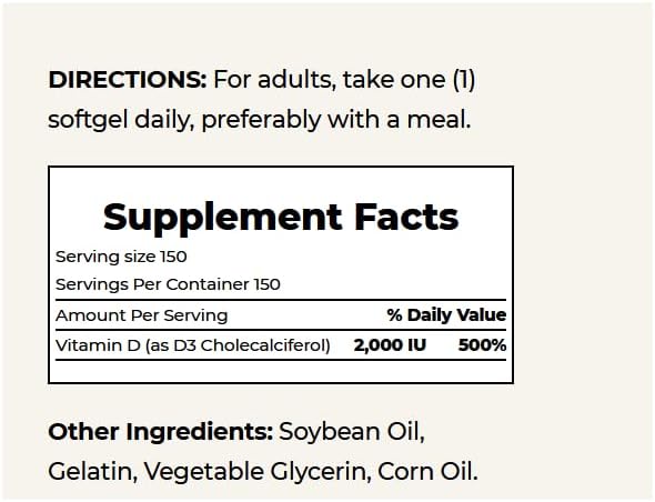 Nature's Bounty Vitamin D, Supports Immune 2000IU Vitamin D3, 150 150 Softgels ,150 Count 1)