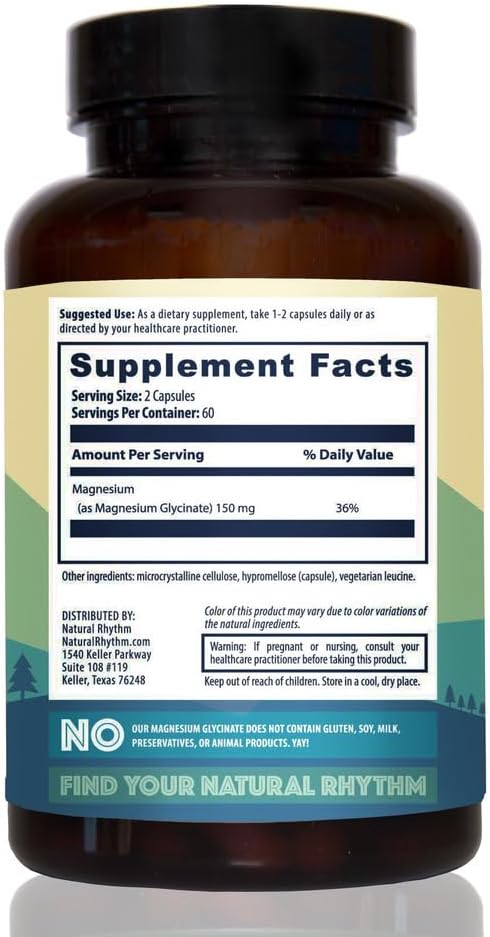 Magnesium Glycinate 150mg Natural Rhythm High Absorption Elemental Magnesium 120 Capsules