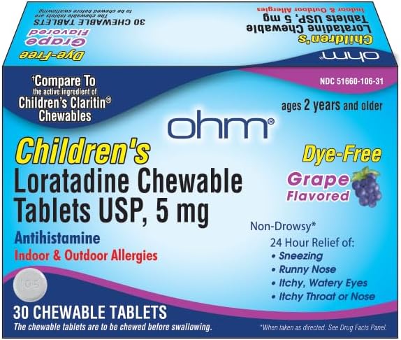 Ohm Children’s Chewable Tablets, Dye Free, 24h Relief 5mg, 60 60 Tablets