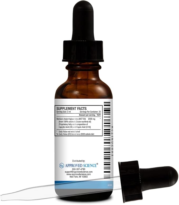 Approved Science® MCT Oil - Pure Medium-Chain Triglyceride (MCT) Oil derived from Coconuts with Caprylic Acid (C8) and Capric Acid (C10) - Vegan, 60 ml
