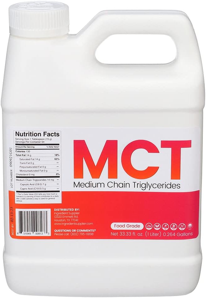 MCT Oil - 1 Liter (33.33 Oz.) Food Grade - Non GMO - Halal - Vegan - Sustainable Palm Derived - for Tinctures, Sports Nutrition, Keto or Paleo Diet, Clean Energy