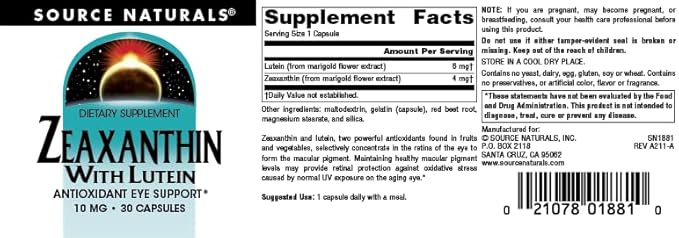 Source Naturals Zeaxanthin with Lutein, Antioxidant 10mg, 30 30 capsules