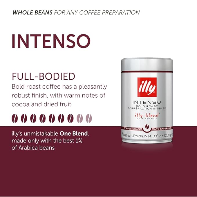 illy caffe Whole Bean Coffee - Perfectly Roasted Whole Coffee Beans – Intenso Dark Roast - Warm Notes of Cocoa & Dried Fruit – Full-Bodied - 100% Arabica Coffee - No Preservatives – 8.8 Ounce, 6 Pack