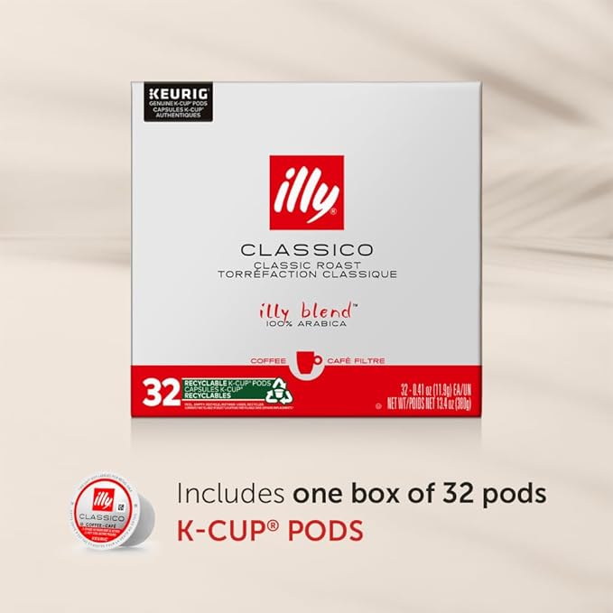 Illy Coffee K Cups - Coffee Pods For Keurig Coffee Maker – Classico Roast - Caramel, Orange Blossom & Jasmine - Mild, Flavorful & Balanced Flavor Pods of Coffee - No Preservatives – 32 Count