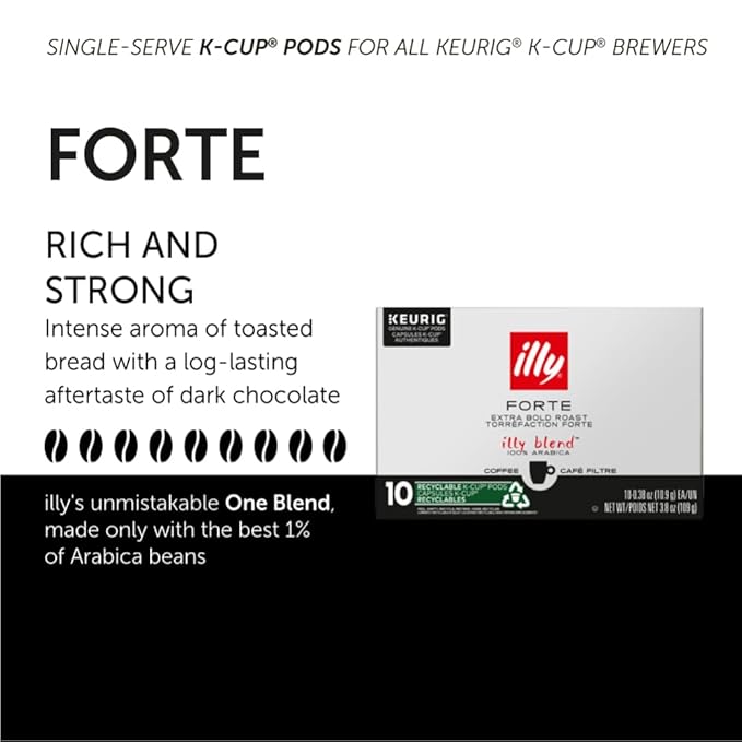 Illy Coffee K Cups - Coffee Pods For Keurig Coffee Maker – Forte Dark Roast – Toasted Bread & Dark Chocolate - Rich, Flavorful & Strong Flavor Pods of Coffee - No Preservatives – 10 Count, 6 Pack