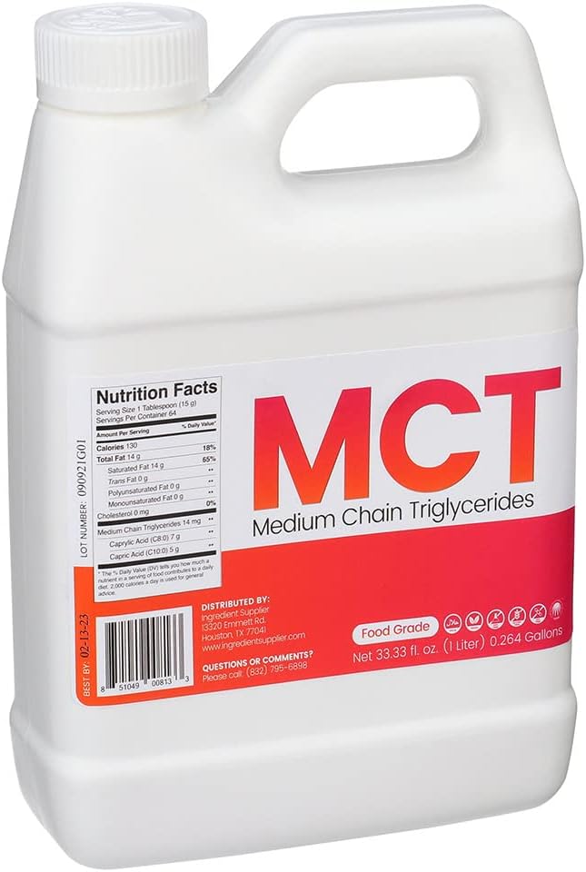 MCT Oil - 1 Liter (33.33 Oz.) Food Grade - Non GMO - Halal - Vegan - Sustainable Palm Derived - for Tinctures, Sports Nutrition, Keto or Paleo Diet, Clean Energy