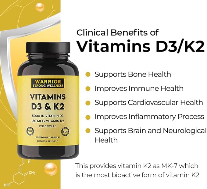 Vitamin D3 and K2 Supplement 5000IU Vitamin D3 and 180MCG Vitamin K2 Supplement 2 Month-Supply, 60 Veggie