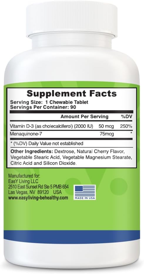 Vitamin D3 with K2 2000IU Supplement - 90Count Chewable Tablets, Vegetarian Vitamin D3 50mcg & K2 as MK-7 75mcg, Immune Health, Bone & Teeth Support