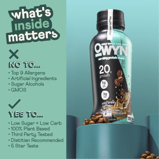 OWYN Only What You Need Vegan Plant Based Protein Shake, Cold Brew Coffee, 24 Pack, 148mg Caffeine, 20g Plant Protein, Omega-3, Prebiotic Supplements, Gluten-Free, Soy-Free, Non-GMO