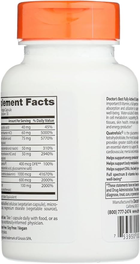 Doctors Best Fully Active B Complex, Energy & Cellular Support, Non-GMO, Gluten Free, Soy Free, Vegan 30 Veggie Caps