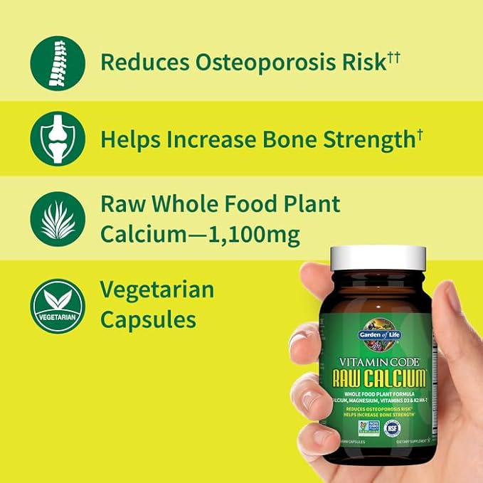 Garden of Life Raw Calcium Supplement for Women and Men - Vitamin Code Made from Whole Foods with Magnesium, K2, Vitamin D3 and Vitamin C Plus Probiotics for Digestion, 120 Capsules