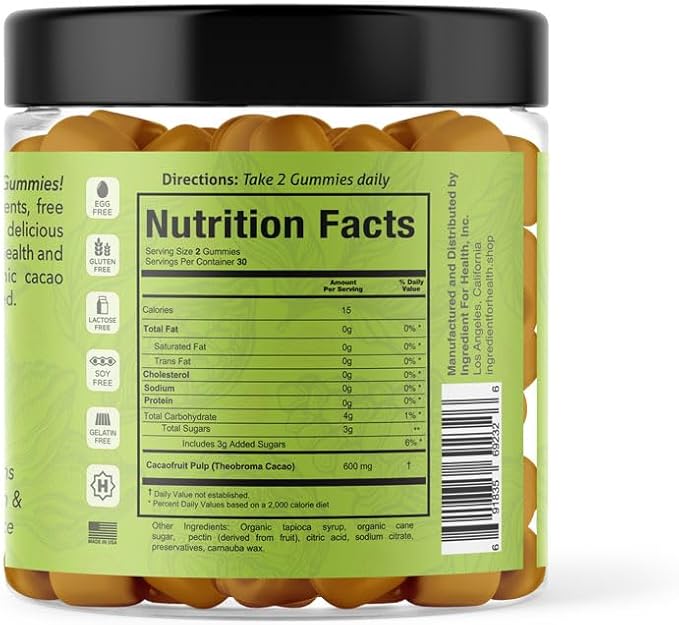 Organic Cacao Pulp Gummies 30 Day Supply 60 Count Natural Antioxident Gummies