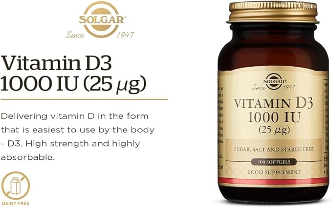 Solgar Vitamin D3 (Cholecalciferol) 25 MCG (1000 IU), 250 Softgels 250 Servings