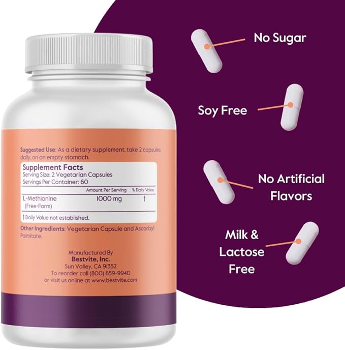 BESTVITE L-Methionine 500mg (240 Vegetarian Capsules) (120x2)
