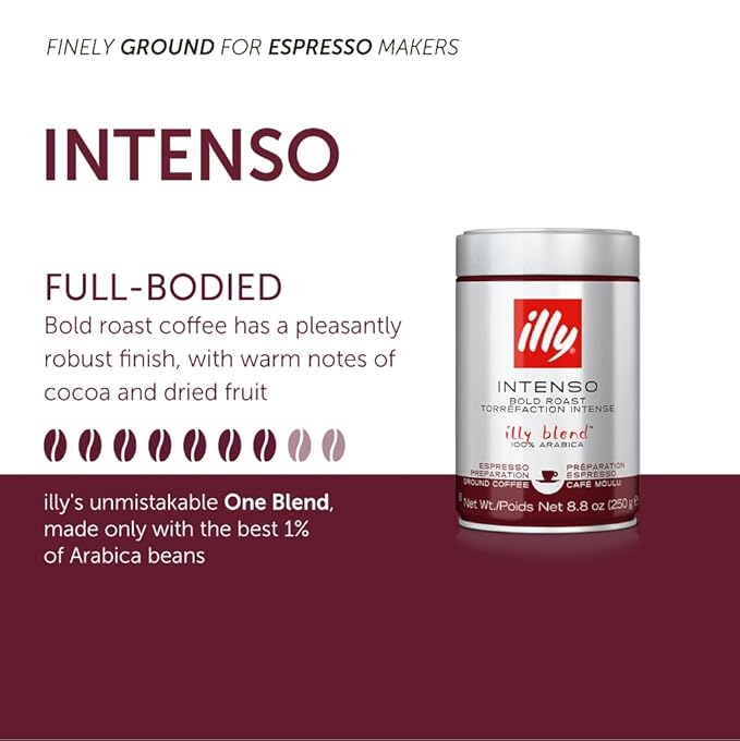 illy Intenso Ground Espresso Coffee, Bold Roast, Intense, Robust And Full Flavored With Notes Of Deep Cocoa, 100% Arabica Coffee, No Preservatives, 8.8 Ounce Can (Pack of 6)