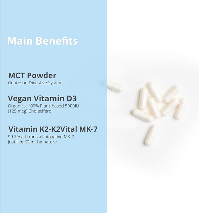 Vitamin D3 K2 with MCT, 5000 D3 & 100 mcg MK7 K2, K2, Support 30 Capsules (30 Days