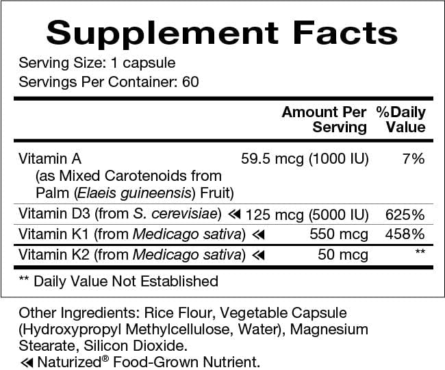 Natura Health Products Vitamin D-A-K Supplement D3 5000 5000 IU, K2 50 50 mcg, K1 550 550 mcg, 1000 IU, (60 Capsules)