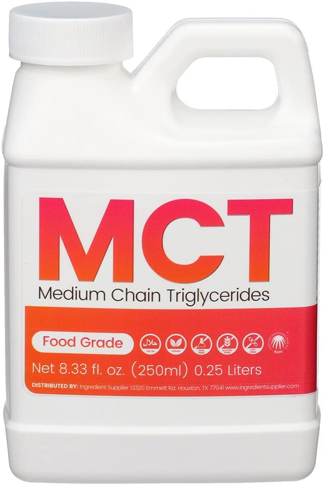 MCT Oil - 250mL (8.33 Oz.) Sustainable Palm Derived - USP Food Grade - Non GMO - Halal - for Sports Nutrition, Keto or Paleo Diet, Clean Energy, Extracts