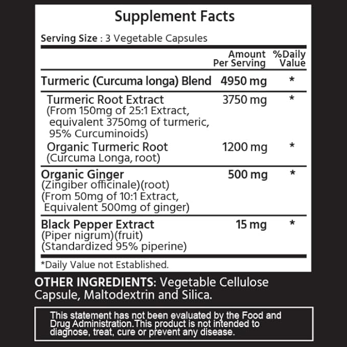 Extra Strength Turmeric Curcumin 4950 mg 120 Vegetable 95% Curcuminoids,