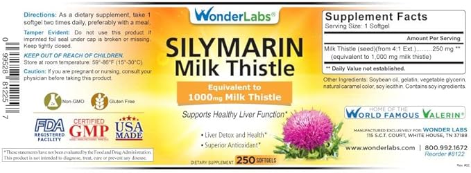 Wonder Labs Silymarin Milk Thistle, Supports 250 Softgels