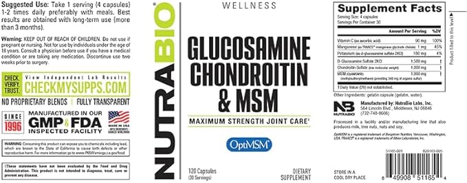 NutraBio Glucosamine Chondroitin & OptiMSM Supplement, 120 Capsules (120 Count)