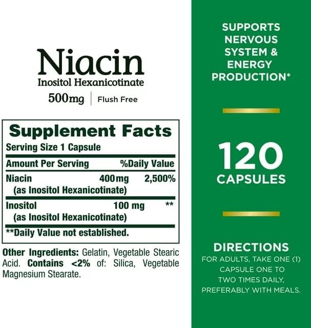 Nature's Bounty Flush Free Niacin 500 Mg, 240 Capsules (2 X 120 Count Bottles)