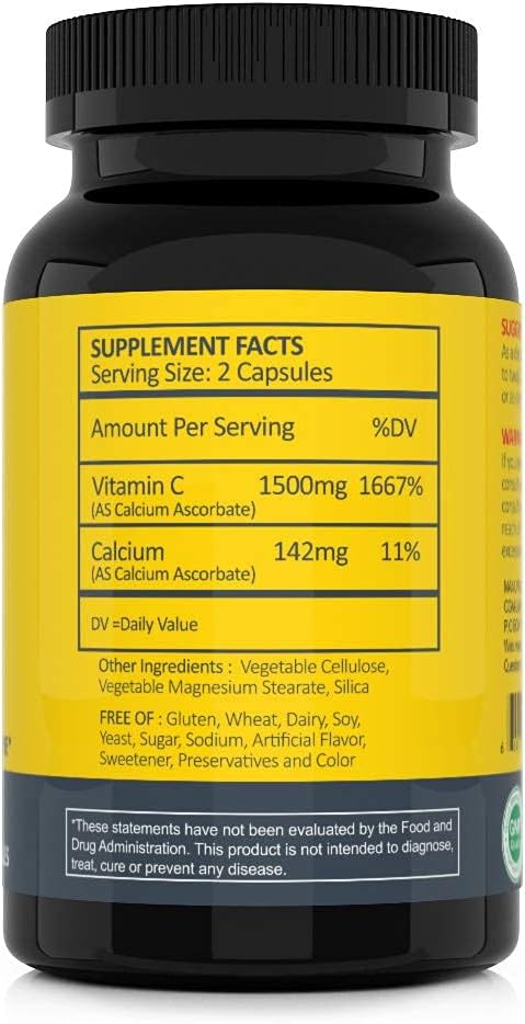 Non Acidic Vitamin C Dietary Supplement 1500mg with 100 Caps