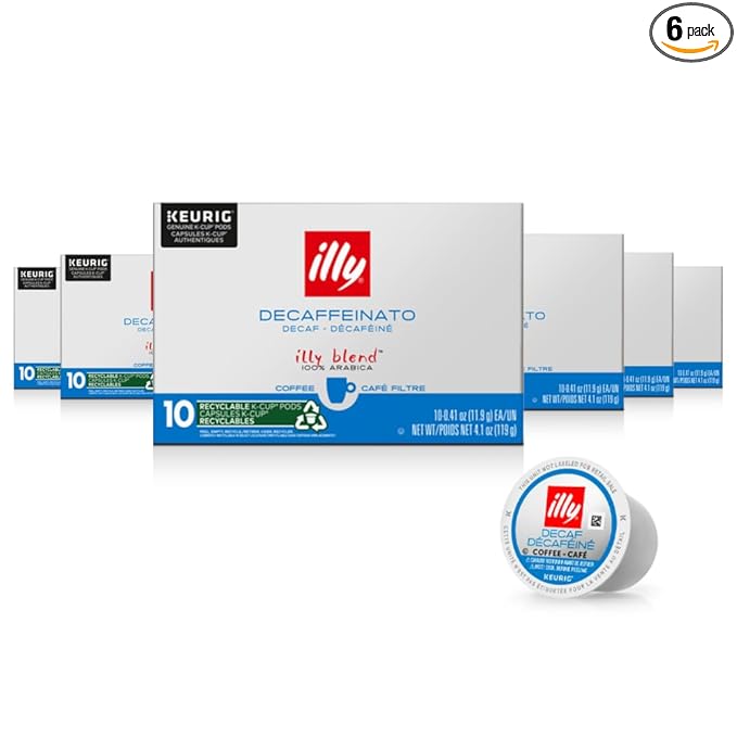 Illy Coffee K Cups - Coffee Pods For Keurig Coffee Maker – Classico Decaf Roast – Notes of Caramel - Mild, Flavorful & Balanced Flavor Pods of Coffee - No Preservatives – 10 Count, 6 Pack
