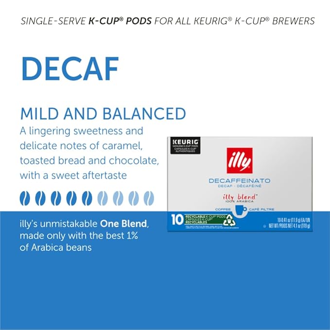 Illy Coffee K Cups - Coffee Pods For Keurig Coffee Maker – Classico Decaf Roast – Notes of Caramel - Mild, Flavorful & Balanced Flavor Pods of Coffee - No Preservatives – 10 Count, 6 Pack