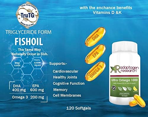 Ultra Omega 1000 with Vitamin D3, K1, K2 K2 | 1000mg of 3 Fatty 120 Softgels