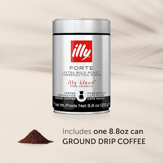 Illy Coffee, Ground Drip Forte, Extra Dark Roast, 100% Arabica Bean Bold Signature Italian Blend, No Preservatives, 8.8 Ounce (Pack Of 1)