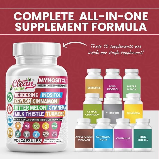 Clean Nutra Berberine Inositol Supplement with Ceylon Cinnamon, Bitter Melon, Gynema Sylvestre, Milk Thistle, Turmeric - 90 Vegan Vegetarian Capsules, Non-GMO, Gluten Free - Berberine for Women Men