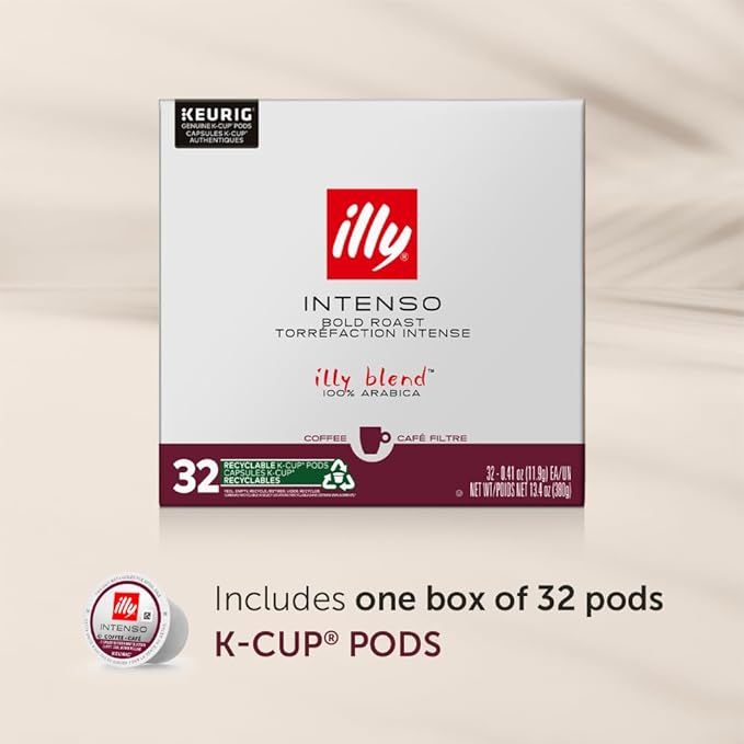 Illy Coffee K Cups - Coffee Pods For Keurig Coffee Maker – Intenso Dark Roast – Notes of Cocoa & Dried Fruit - Bold, Flavorful & Full-Bodied Flavor of Pods Coffee - No Preservatives – 32 Count