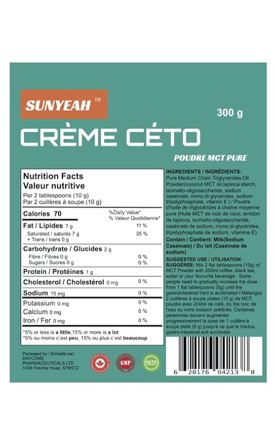 SUNYEAH MCT Powder- MCT Oil Powder, KETO Coffee Creamer, Pure C8 C10, No-Sugar, From coconut, 300 g, Excellent in Coffee, Tea, Water, Shakes, Smoothies, Unflavoured, No-GMO