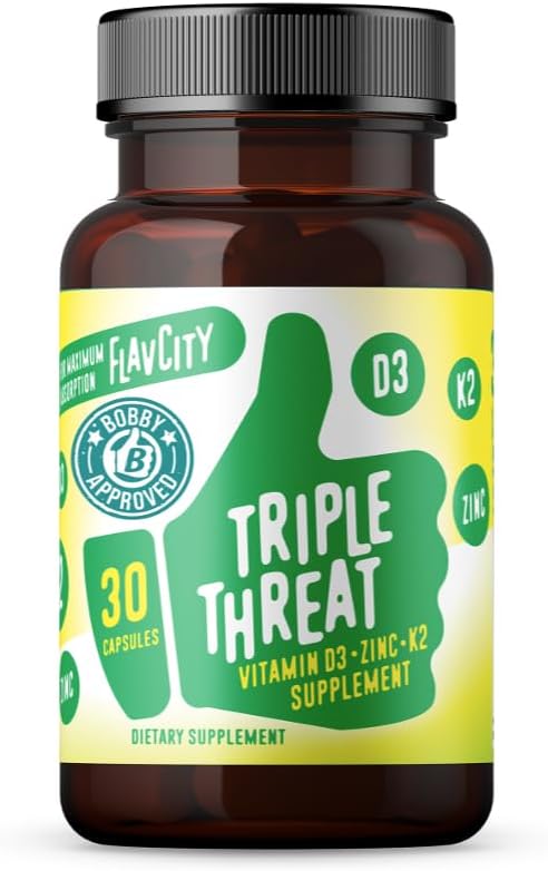 FlavCity Vitamin D Supplement, Triple Threat 3-in-1 Dietary D3, Zinc K2 for 30 Capsules