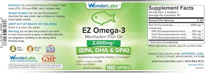 EZ Omega-3 Atlantic Menhaden Fish Oil 2000 mg, 180 Softgels