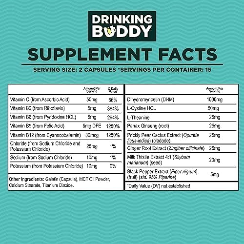 Drinking Buddy (2pack, After-Drinking Aid with DHM, Prickly Pear, L-Cystine and L-Theanine, Milk Thistle, B-Vitamins, Ginger