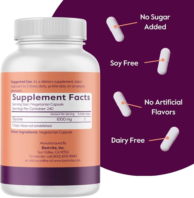 BESTVITE Glycine 1000mg per Capsule (240 Vegetarian Capsules) - No Stearates - Vegan - Non GMO - Gluten Free