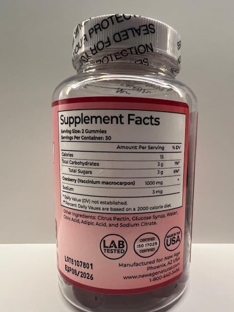 NEW AGE Cranberry Gummies Urinary Tract Health Gummies 1000mg - Supports Bladder, Kidney, UTI - Vegetarian (Cranberry 60 Gummies)