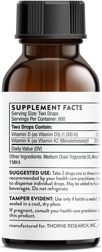 THORNE Vitamin D + K2 Liquid D3 and K2 to 1 Fl (30 ml) 600 Servings