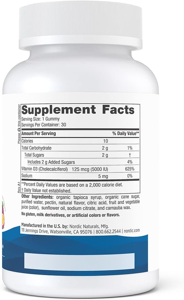 Nordic Naturals Vitamin D3 5000 Gummies, Passion Fruit - 30 Gummies - Support for Healthy Bones, Mood, & Immune System - Vegetarian - Non-GMO - 30 Servings