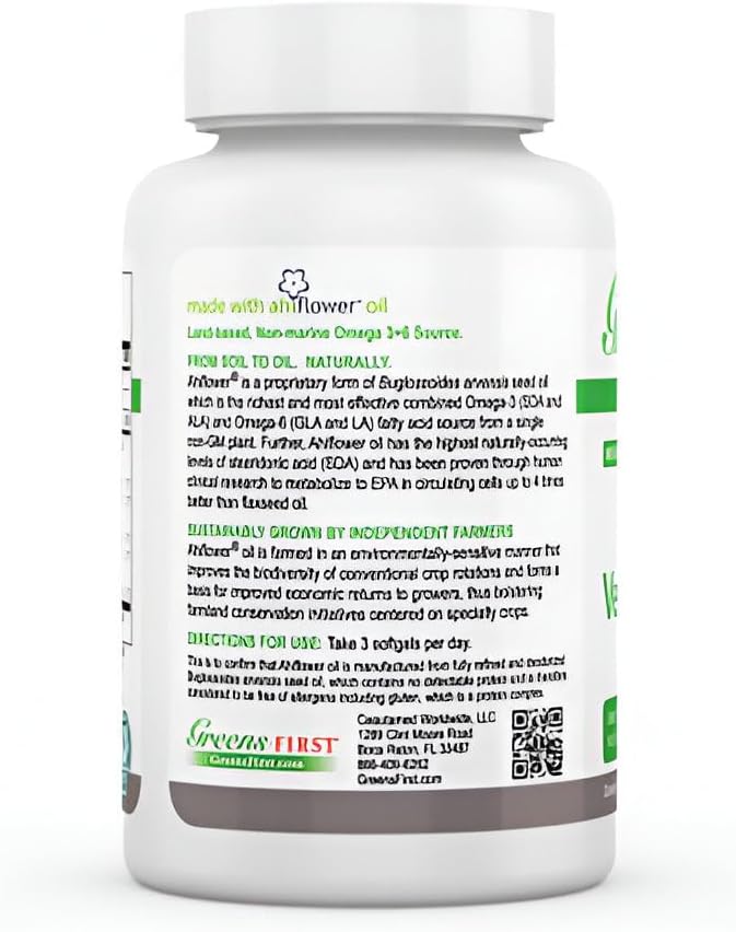Greens First PRO Ahiflower Oil Vegan Omega-3-2250 mg - Contains Omega-3 Stearidonic Acid SDA - Gamma Linolenic Acid GLA - No Soy or Corn Oil - Non-GMO - 30 Day Supply