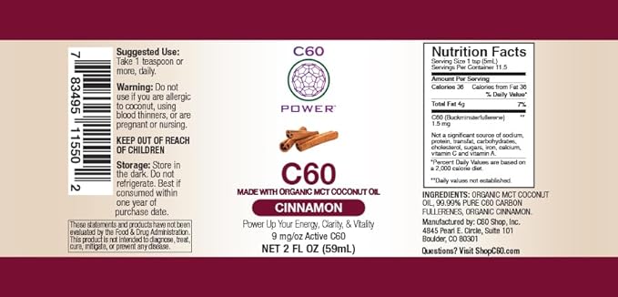 C60 Power Cinnamon Flavored C60 MCT Coconut Oil - Organic Cold-Pressed Coconut Oil - 99.99% Pure C60 Carbon Fullerenes - Boost Energy & Mental Focus (2oz)