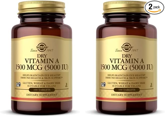 SOLGAR Dry Vitamin A 1500 mcg (5000 IU), 100 Tablets 100 Servings 2)