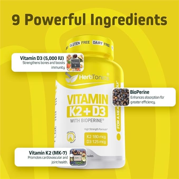 Immune System Support Vitamin K2 (MK7) with D3 5000 Iu Supplement + Bioperine (Black Pepper) | Strong Bones & Heart Health | K2 D3 Complex | Easy to Swallow 120 Veg Capsules