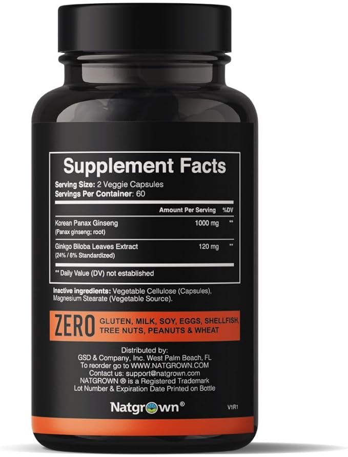Natgrown Panax Ginseng & Ginkgo Biloba Supplement - Red Korean Ginseng & Ginko Biloba Capsules for Men & Women - Supports Memory Focus & Brain Function - Vegan Pills - 120 Count