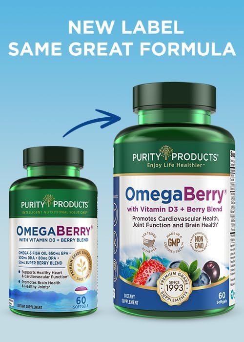 Purity Products OmegaBerry Fish Oil D3 and 1250mg Concentrated Omega-3 Fish 500mg DHA 650mg EPA 60 Soft 30 Day