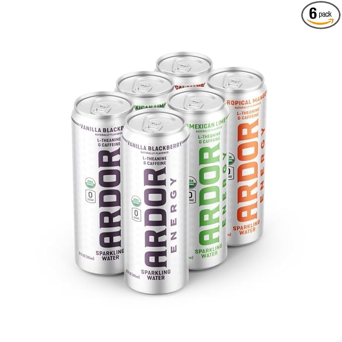 ARDOR ENERGY Sparkling Water 6 pack Sampler. 100mg Organic Caffeine from Green Tea & 200mg Organic L-Theanine (Focus & Calm). No Sugar. No Calories. Vegan. Gluten Free.